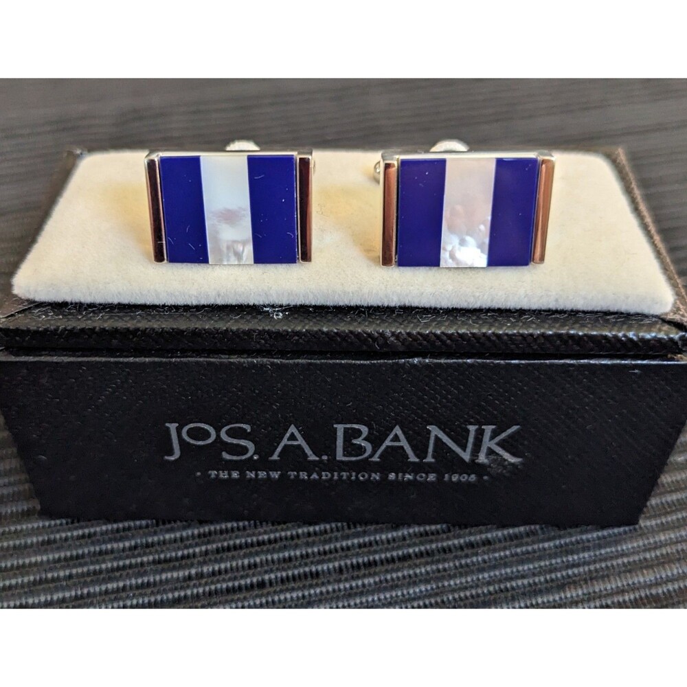 Jos A Bank Cufflink Set Faux Mother-Of-Pearl Blue & Silver Design French Cuffs
